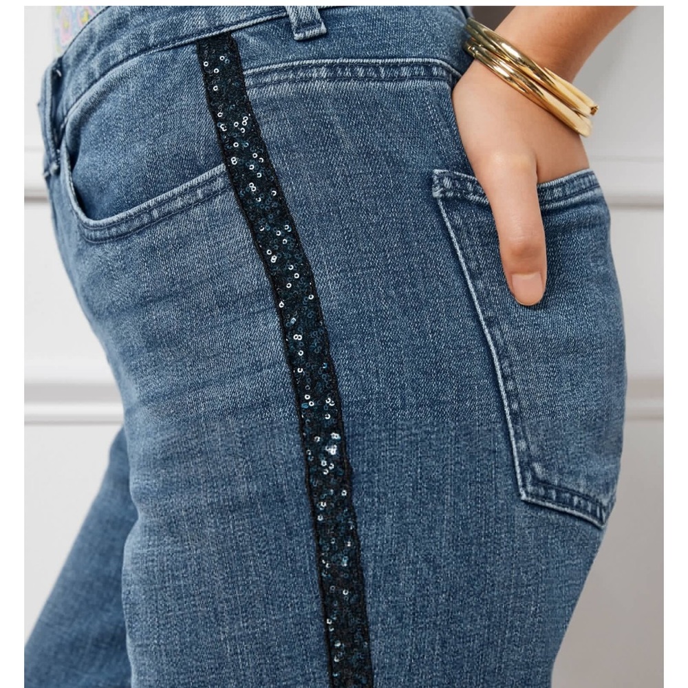 Talbots - SEQUIN STRIPE STRAIGHT LEG JEANS - STARDUST WASH